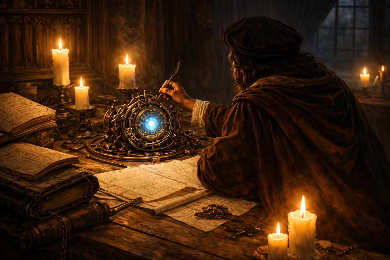 Renaissance style painting of an anonymous tinkerer burning the midnight oil